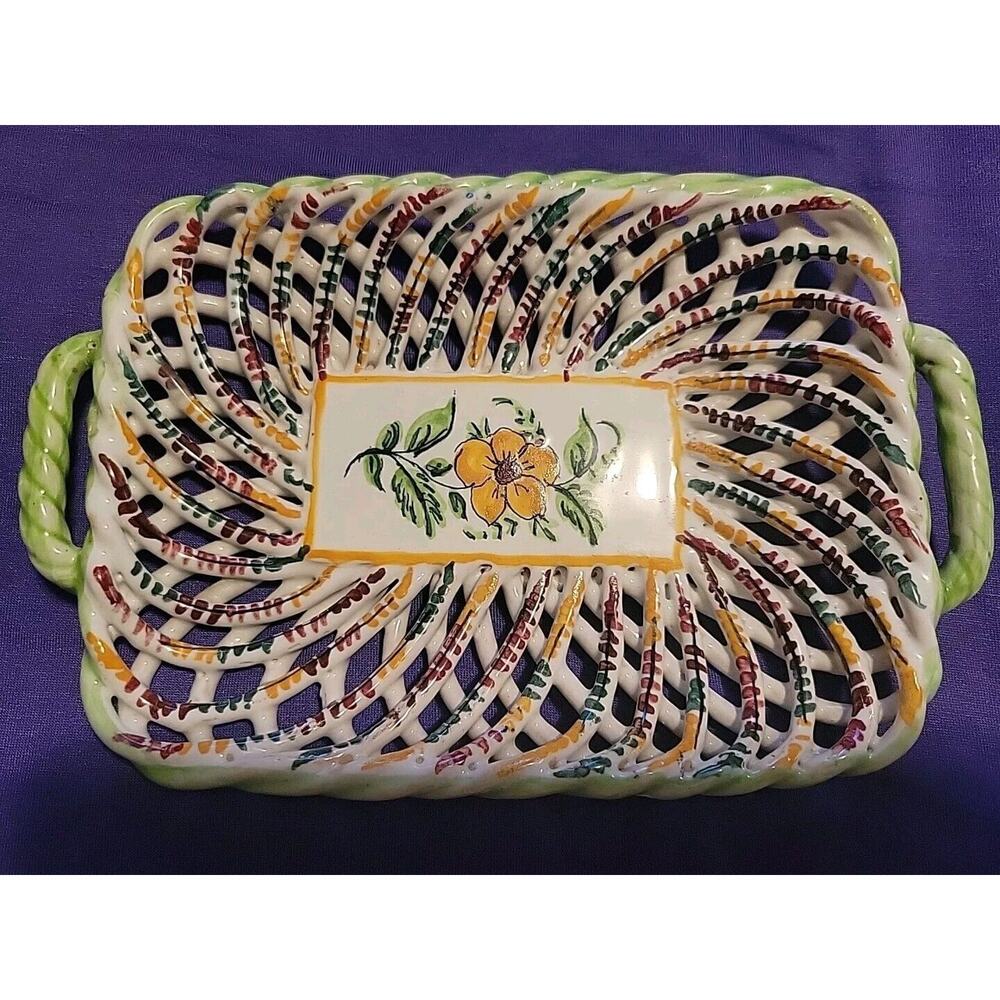 VC Spain H Rope Weave Trinket Plate Hand Painted Flower Dish Green Porcelain